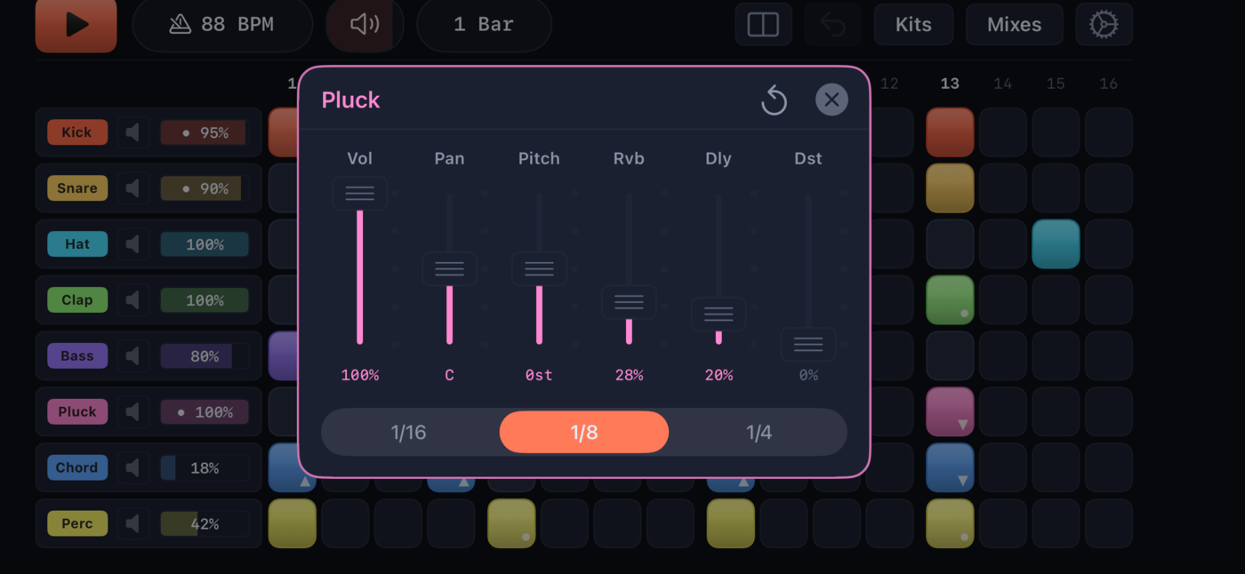 GlassBeats per-track controls — volume, pan, pitch, reverb, delay, distortion
